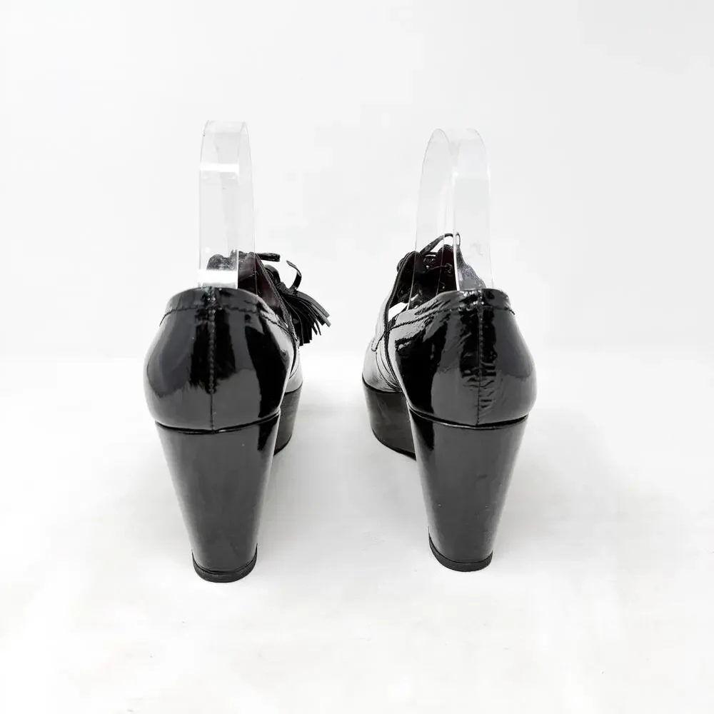 [Sonia Rykiel] Black Patent Leather Platform Wedges Tasseled Oxford Heels Sz 7.5